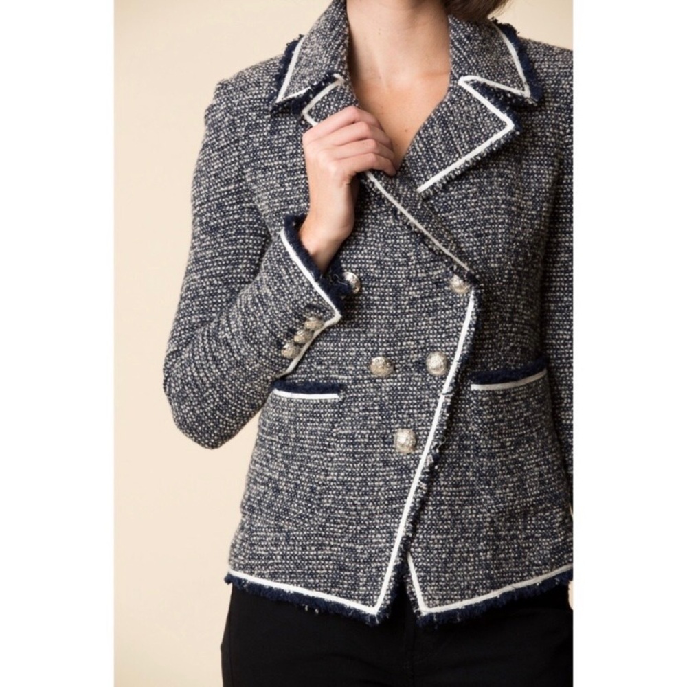 $695 Veronica Beard Carroll Wool Blend Navy White Tweed Jacket Blazer size 4